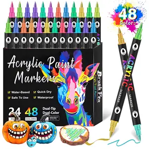 Dual Tip Acrylic Paint Markers24/48/72Colors Quick-Dry Waterproof Paint Marker Pens with Brush&Fine Tip for Rock Painting, Wood, Canvas, Glass, Ceramic, Stone & Fabric. DIY Crafts, Card Making, Coloring Books, Drawing Art Supplies & Creative Gifts