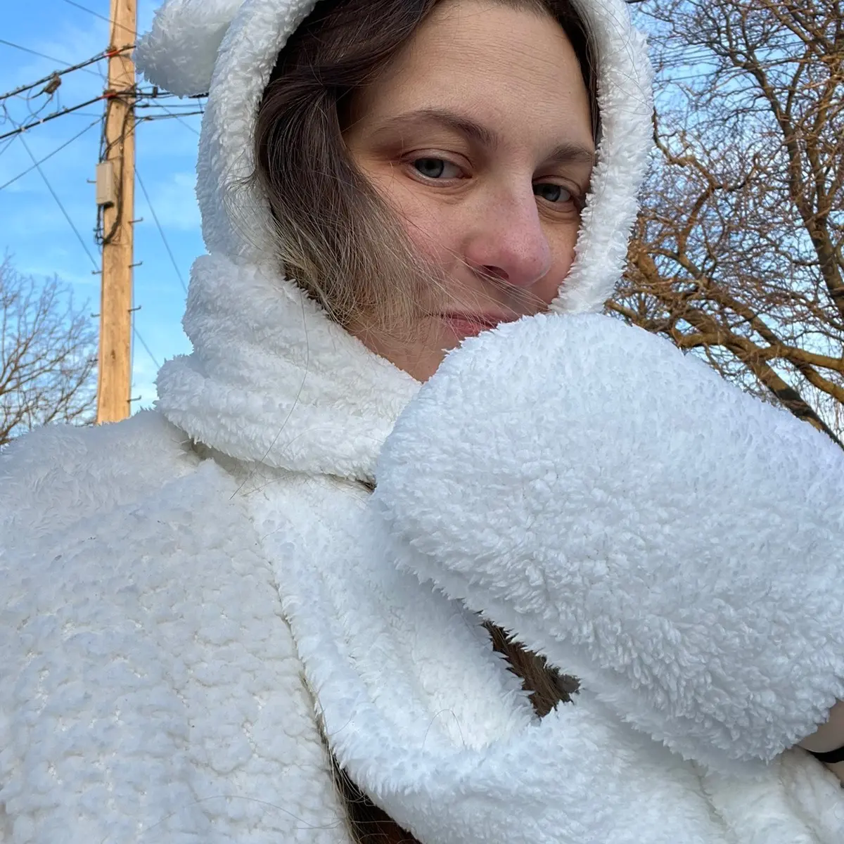 Winter hat scarf mittens all in one like a teddy bear soft and has teddy ears