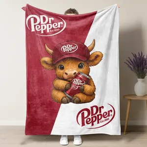 Dr Pepper & Highland Cow Aesthetic Blanket Cute Cow Holding Soda Pop Throw - Southern Charm Decor - Soft Plush Blanket for Soda Fans Perfect Gift