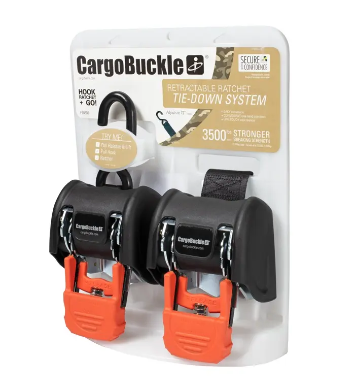 CargoBuckle Heavy-Duty Retractable Ratchet Tie Down Straps - 2-Pack Steel Self-Retracting Straps, 3500lb Capacity, 2in x 72in, Bolt-On Mounting Ends for Secure Fast Loading & Unloading, Trailers, Boats