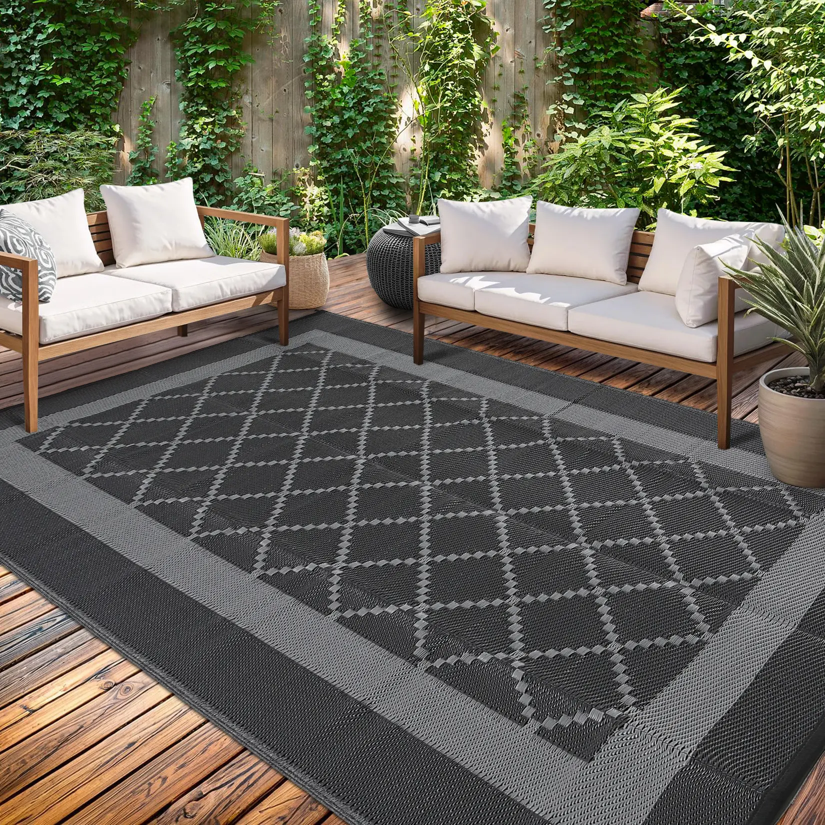 Waterproof Reversible Outdoor Rug - Large Patio Carpet with 4 Stakes - Durable Plastic Straw Mat for Deck, Balcony, Pool, RV, Camping