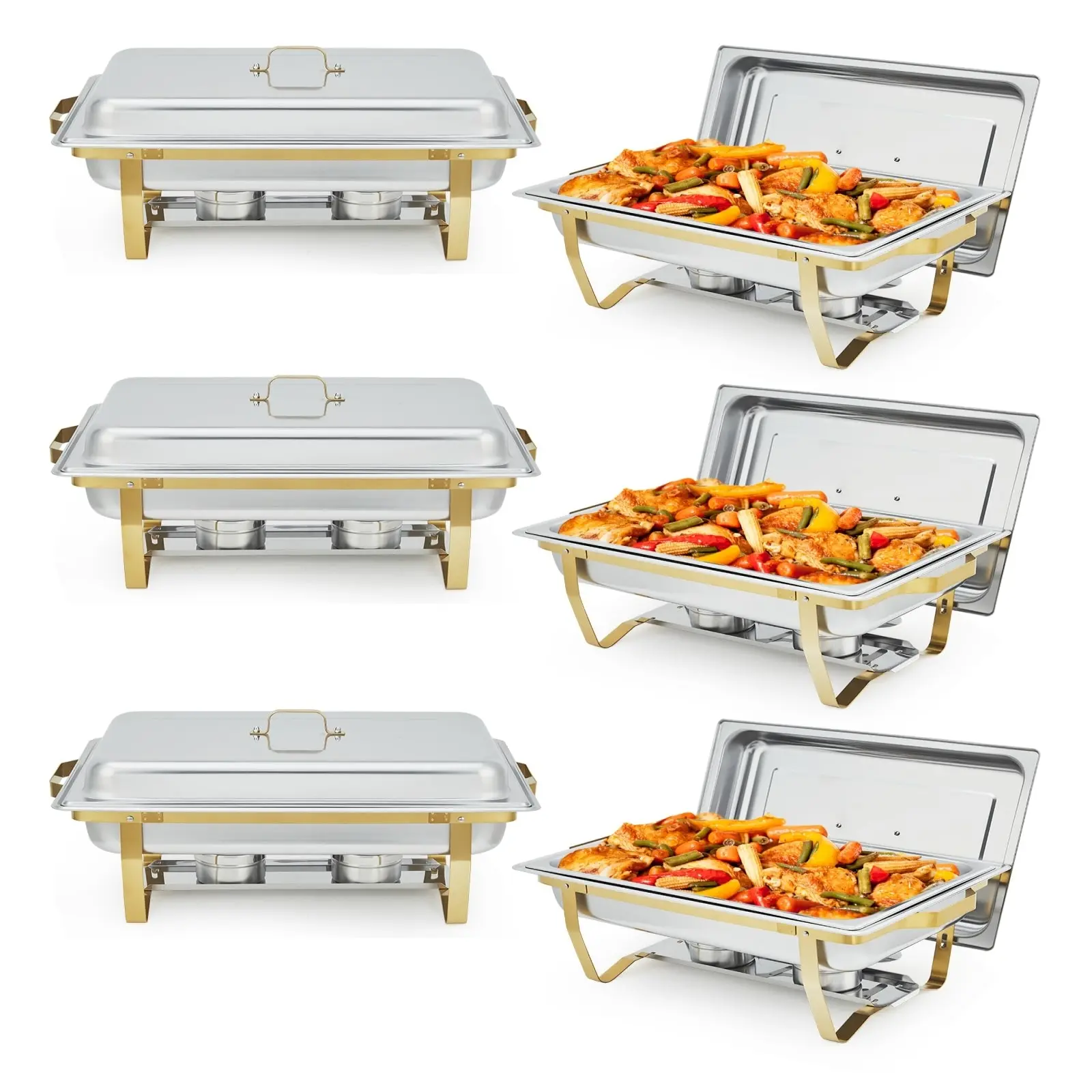 Sturdy 6-Piece 8QT Rectangular Stainless Steel Chafer Buffet Server and Warmer Set with Lid, Foldable Frame, Insulated Gold Tray, Pans, Casserole Dish, Stackable Design, Dual Temperature Control, Effortless Setup for Catering Supplies, Desserts, Banquets