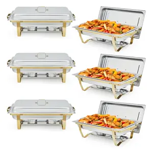 8QT Buffet Servers and Warmers Set  of 6 with Lid & Foldable Frame, Rectangular Stainless Steel Chafer Food Warmer for Catering Supplies, Gold Insulated Casserole Dish Bakeware