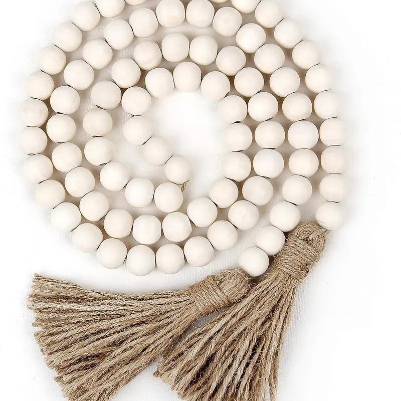 HomeWinner 58in Boho Wood Bead Garland with Tassels, Rustic Farmhouse and Prayer Country Decorative and Door Beads Wall Hanging Decoration (Nature) Wooden Ornaments Hangable