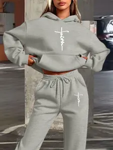 Women's Hooded Sweatshirt Set, Fall & Winter Warm, Faith Cross Style Letter Print, Casual Artistic Style, Daily Wear, Religious Theme Parties