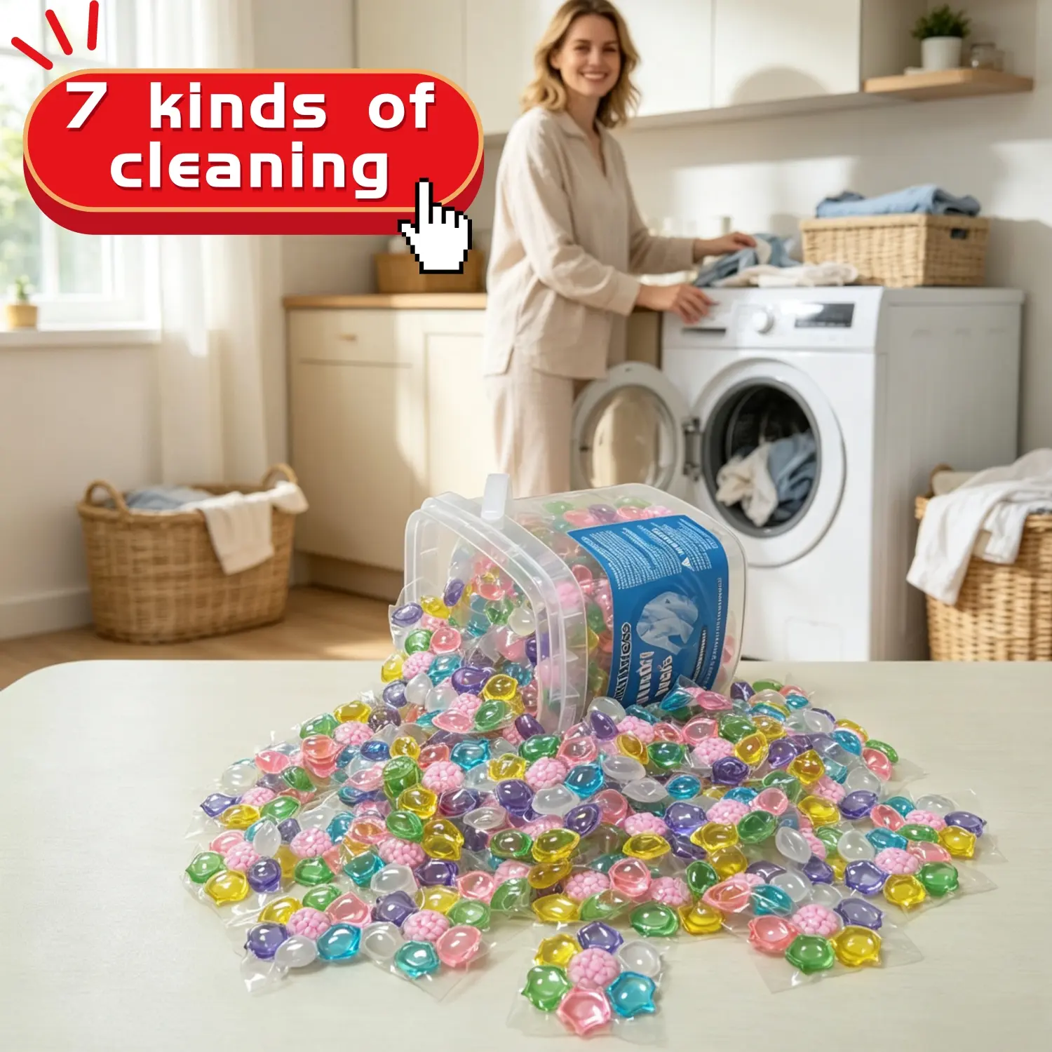7-in-1 Concentrated Scented Laundry Detergent Pods, 590g Bucket-Packed (1/2/3 Bucket Options), Water-Soluble Outer Film, Low-Foaming Easy-Rinse, Long-Lasting Freshness, Deep Stain Removal Home Care Cleaner
