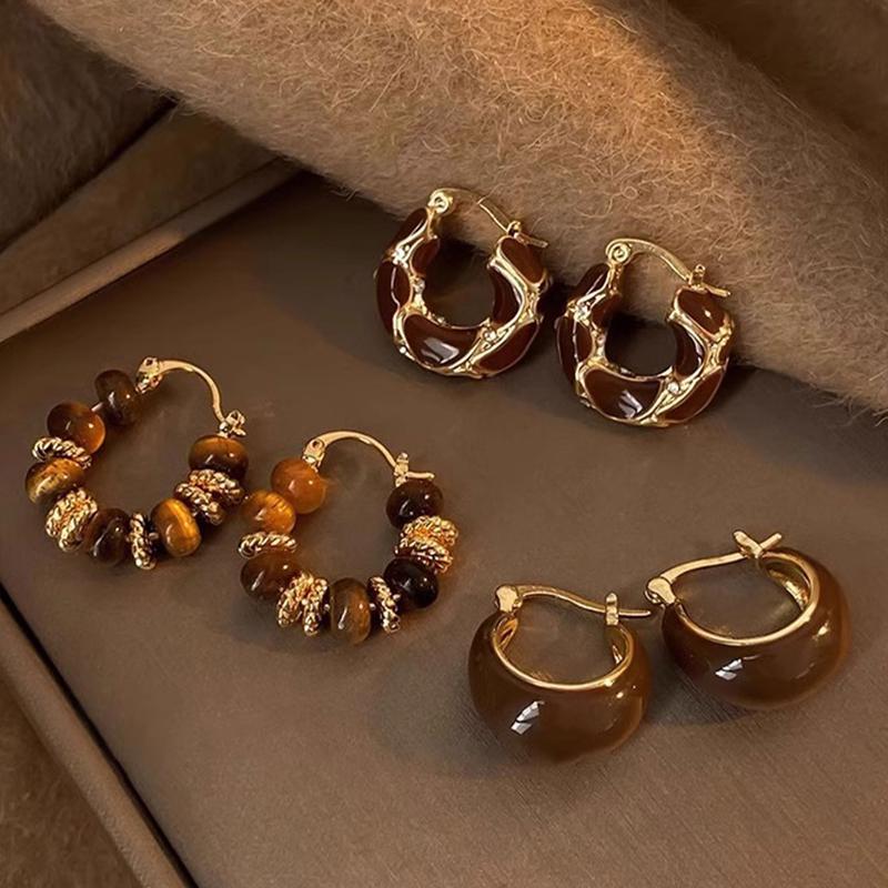 3 Pairs Women's Elegant Tiger Eye Stone Hoop Earrings Set, Geometric Design Resin Dripping Oil Style Jewelry for Daily Wear & Parties, Hoop Earring Sets