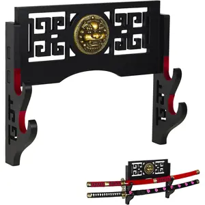 Wall Mount Sword Holder - 4 Tier Options Available - Crafted Using Wood Katana Holder - Furnished in Black With a Gold Lion’s Head - Desirable Sword Display Gift Option - 2-Tier Sword Holder Wall