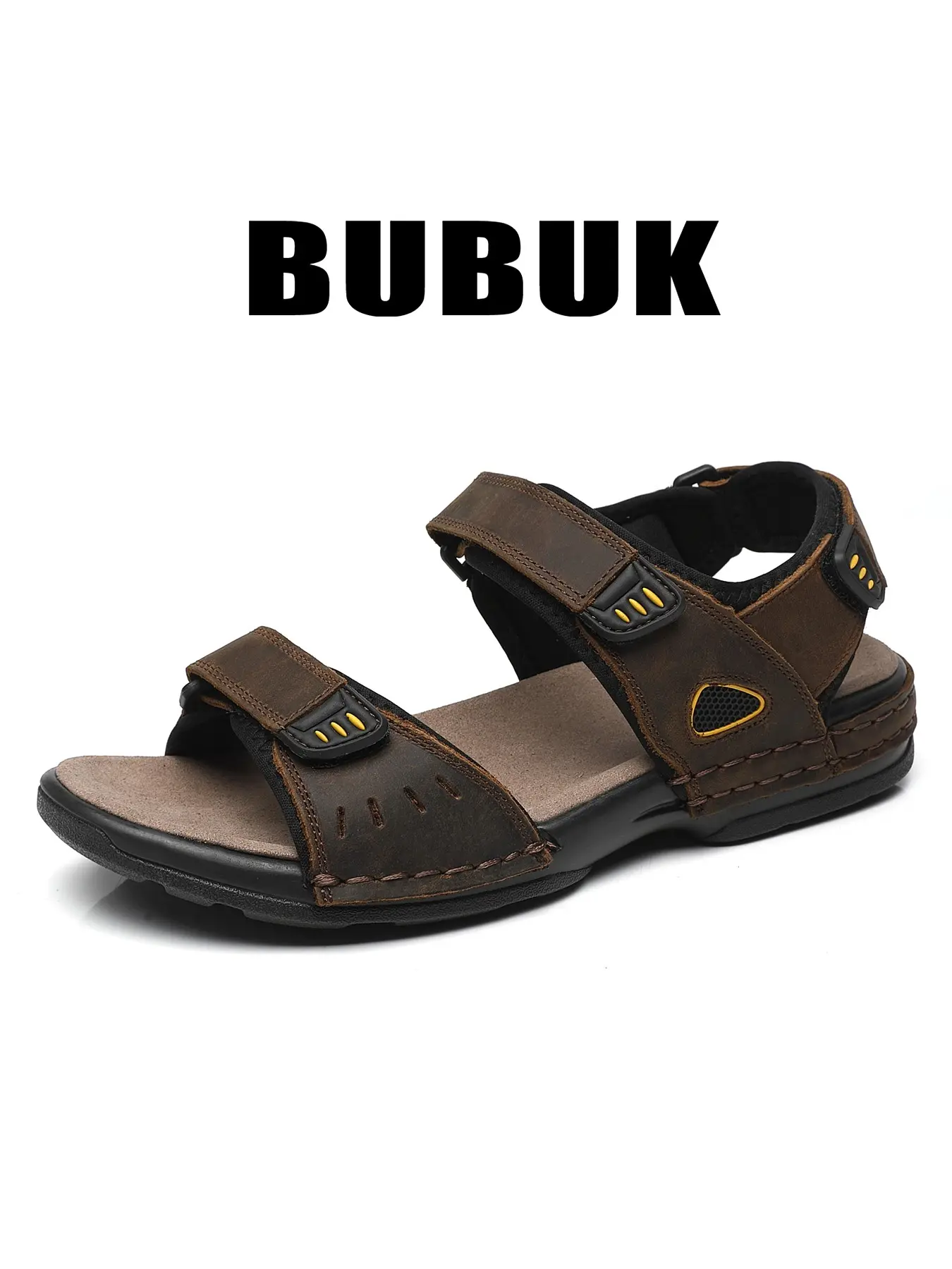 BUBUK  Men's Sandals, Fashionable Leather Sandals, Casual Beach Shoes, Genuine Leather, Outdoor Non-Slip Beach Shoes, Velcro Closure, Comfortable and Durable, Perfect for Summer