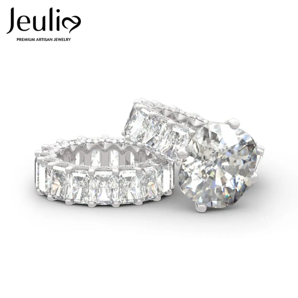 Jeulia 925 Purity Sterling Silver Cushion Cut 3-Sided Pave Classic Eternities Ring Set, SEC Series Elegant Wear Fine Jewelry
