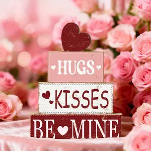 4 Pcs Valentine Decorative Sign & Plaque Hugs Kisses Be Mine Wooden Blocks, Table Centerpiece, Tiered Tray Decor & Decorative Stacked Blocks for Coffee Table, Fireplace Mantel, Floating Shelf
