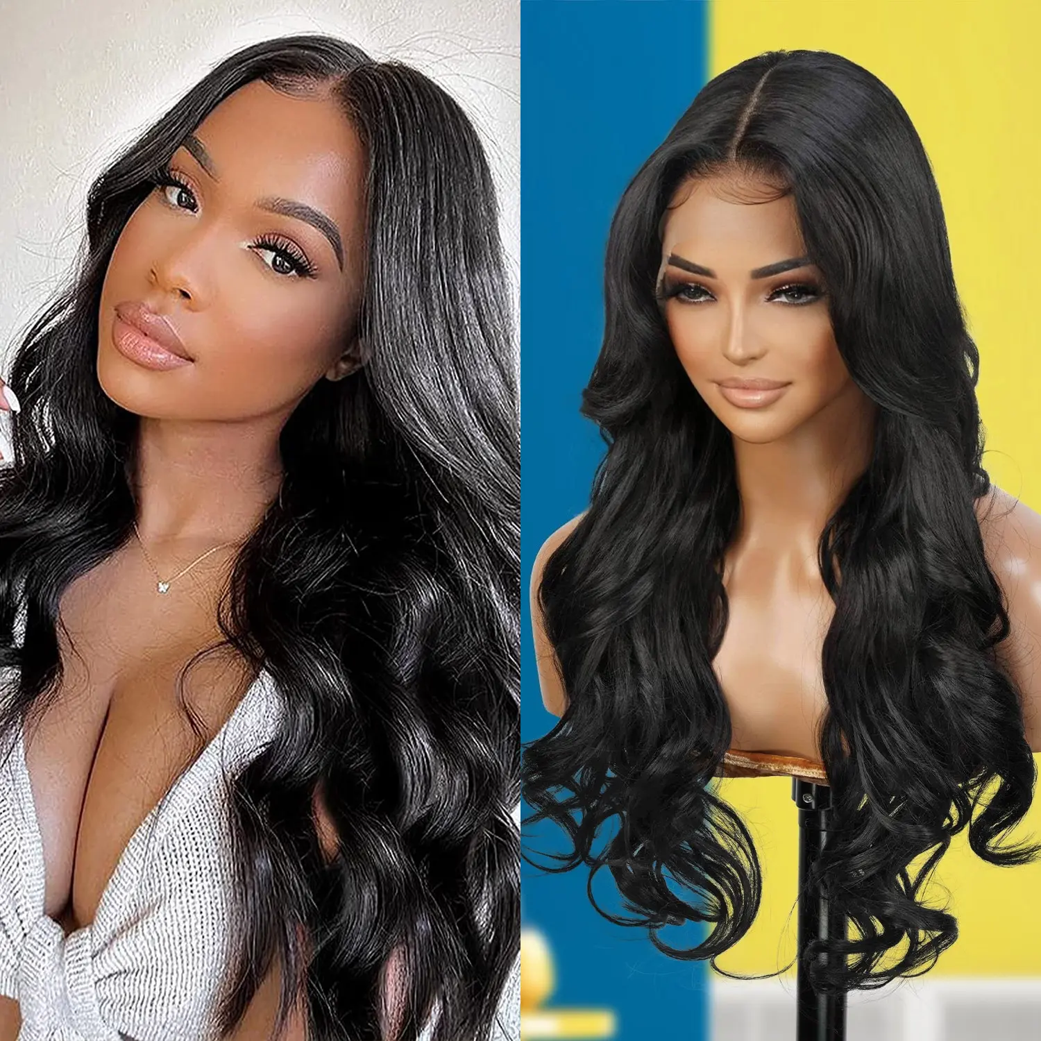 GLAM21USA The Stylist Bella Lace Front Wig, 27" Loose Wave Human Hair Blend, Pre-Plucked 13x6 Invisible HD Lace, Heat Resistant, Invisible Lace