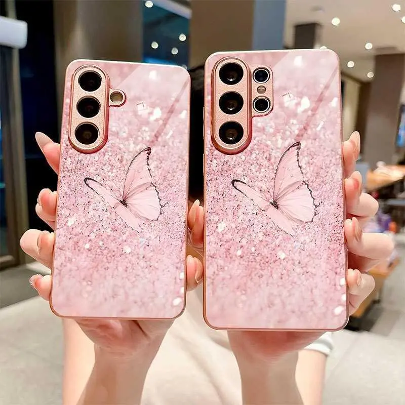Pink Butterfly Glitter For Galaxy S26 Glass Phone Case For Galaxy S25 Plus/For Galaxy S24 Ultra/For Galaxy S23 FE Protection HNAB06PLQWE