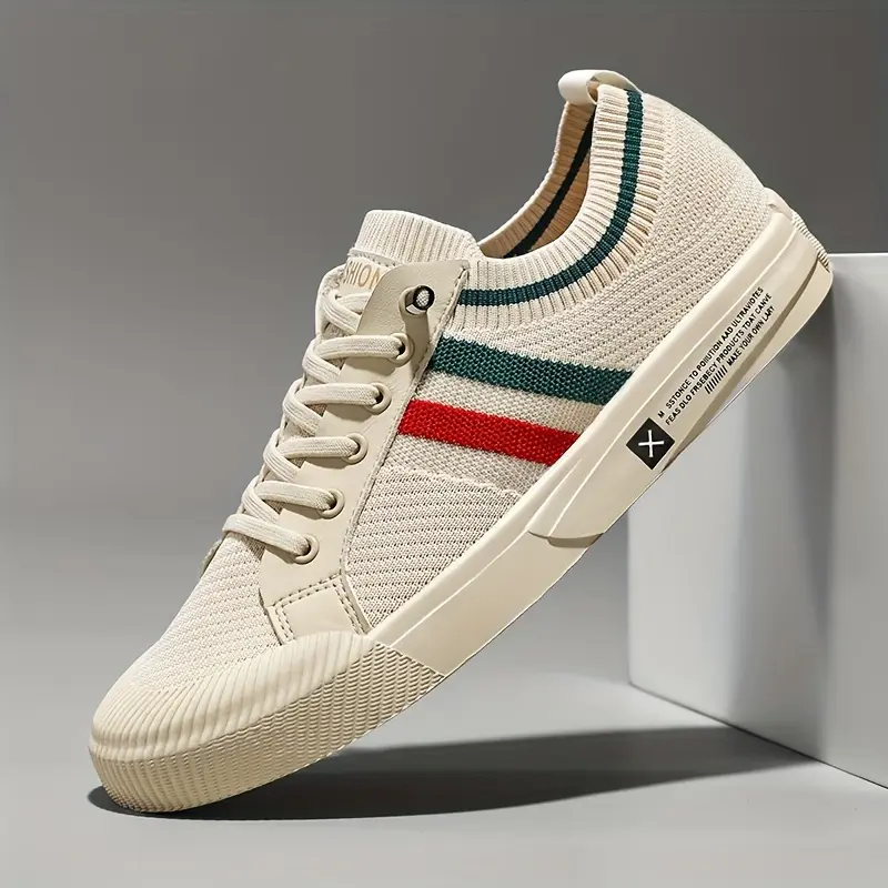 Men's Breathable Knit Sneakers - Comfortable Casual Lace-Up Shoes, EVA Sole | Beige with red/green stripe details | Very suitable for daily use and running