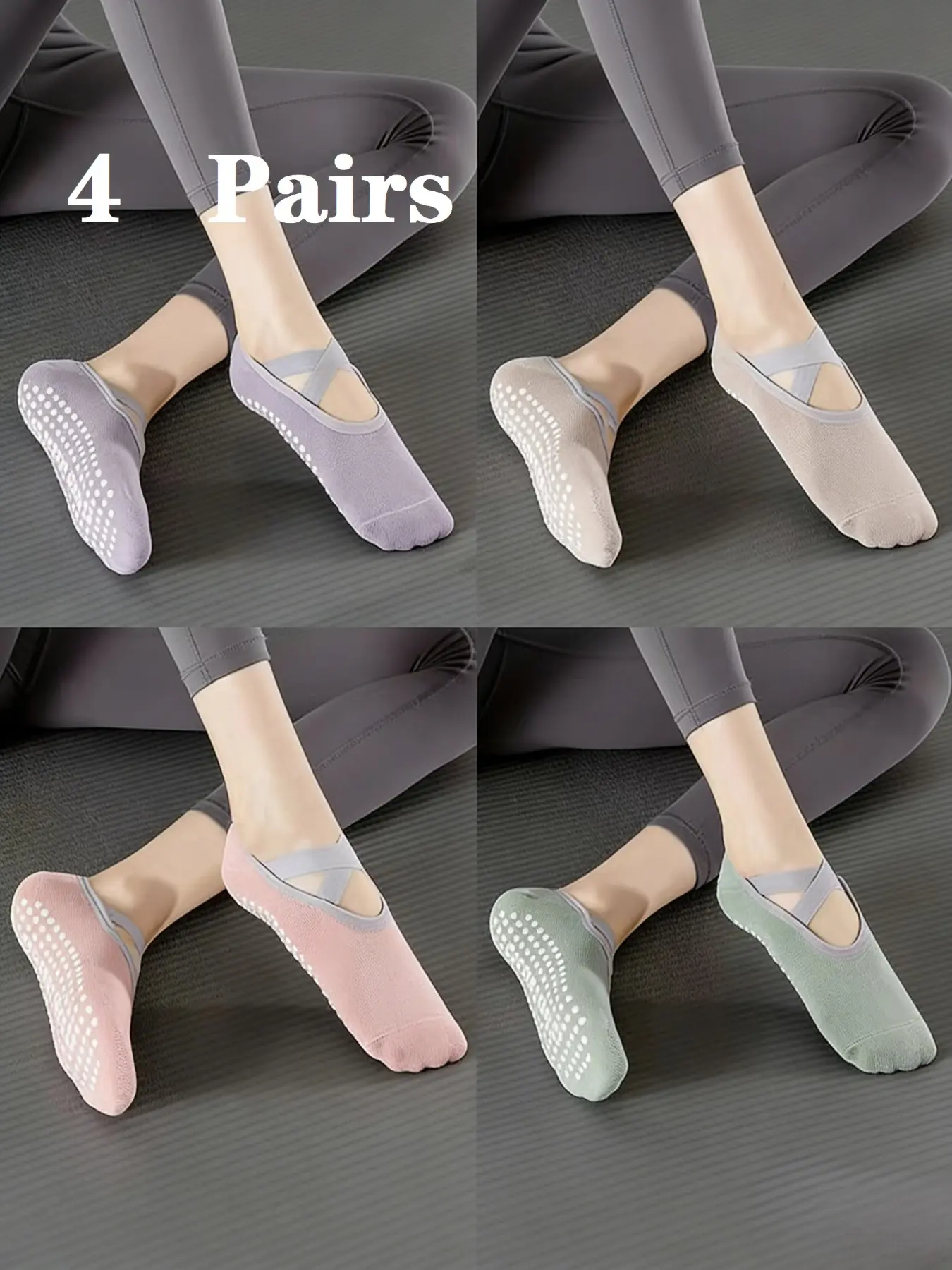 Women's Non-Slip Pilates Socks, Ideal for Yoga, Dance, Ballet, Fitness, Barefoot Sports, 4 Pairs, One Size Fits All