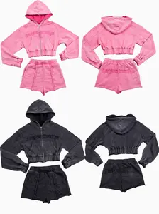 Keara Cotton Cropped Jacket and Shorts Women's Set, Regular Sleeve