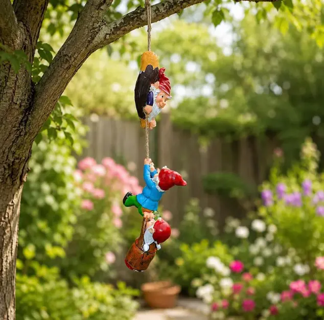 Hilarious Climbing Gnomes Tree Hugger Statue - Whimsical Outdoor  , 3 Elves Stacked on Climbing Rope, Easy Hanging, Weather Resistant  Sculpture, Funny Gift garden decor supply decoration