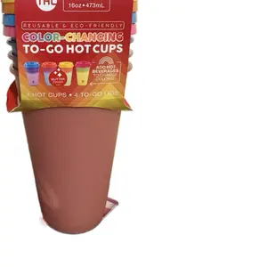 THL 4pack Coffee Cups Plastic Reusable Eco-Friendly Color-Changing To-Go Hot Cups 16oz 473ml