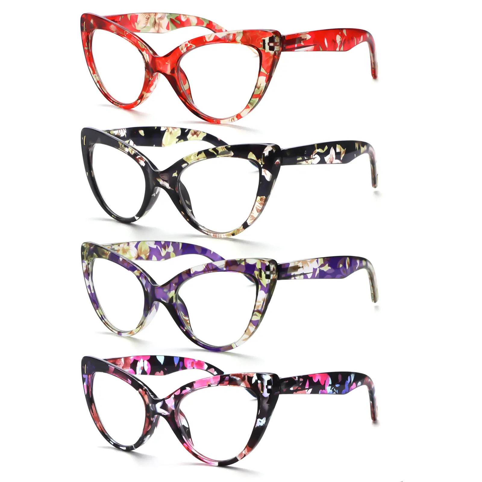 Women's Durable High Quality Eyewear - 4 Pairs Retro Cat-Eye Large Frame Multifocal Reading Glasses, Assorted Patterns, +0 to +4.0 Lens Power, Non-Prescription