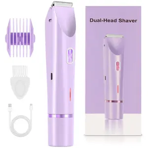 Mpotmiy Bikini Trimmer for Women, 2-in-1 Dual Head Electric Razor, Wet Dry Waterproof Painless Pubic Hair Trimmer for Intimate Area Body, Rechargeable Purple