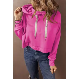 Sachet Pink Solid Drop Shoulder Drawstring Cropped Hoodie