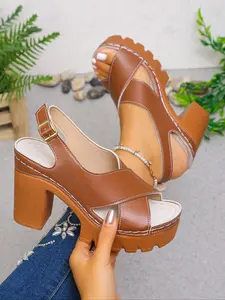 Women's Summer Fashion Open Toe Chunky High Heel Multi Strap Sandals, Comfortable Slip-On Casual Shoes, Faux Leather PU Material