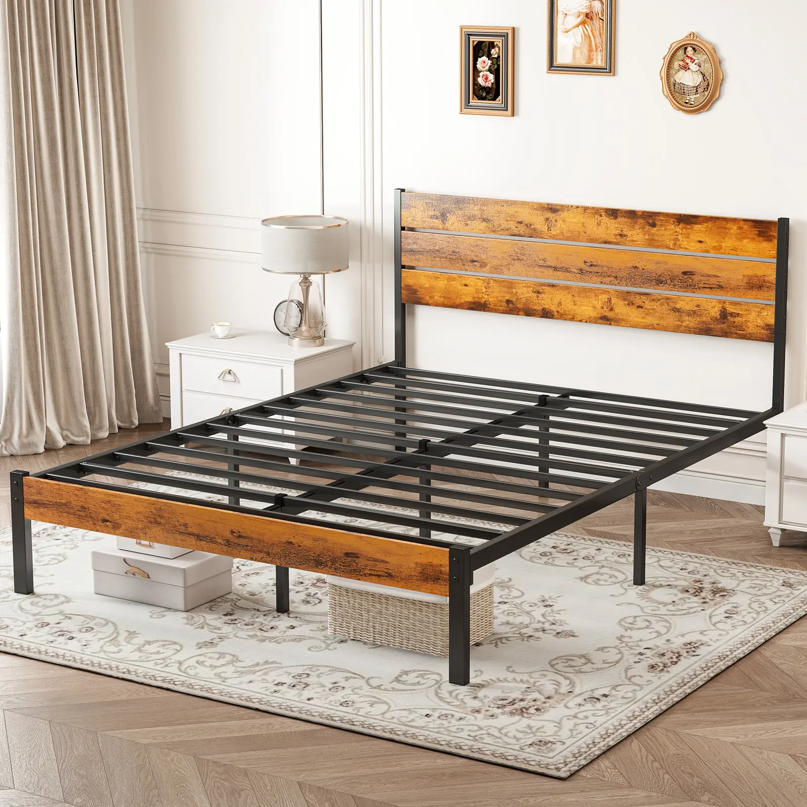 Metal Platform Bed Frame with Headboard & Footboard, Solid Wood Slat Support up to 800LBS, Box Spring Free for master bedroom.