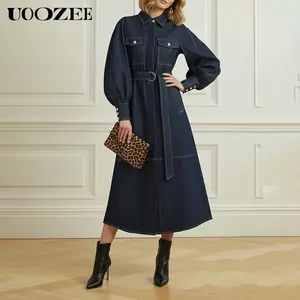 UOOZEE Women's Minimalist Polyester Denim Dress - Autumn New, Notch Collar, Puffy Sleeves, Belted, A-Line Pleated Midi, Button-Accented, Pockets, Feminine Casual Wear for Office, Pairs with Earrings/Bag/Shirt (Broader Shoulders Order 1 Size Up), Adjustabl