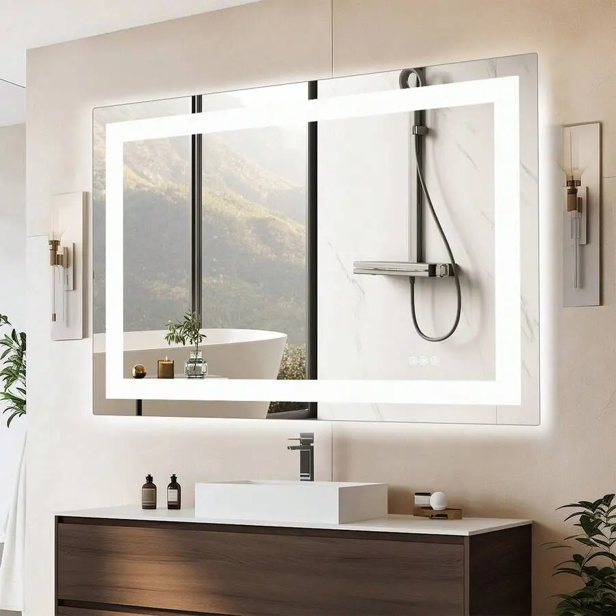 OLIXIS LED Bathroom Vanity Mirror For Wall With Anti-Fog, Dimmable Rectangle Mirrors With Front Light And Backlit, Memory Function, Tempered Glass, Shatter-Proof, Horizontal & Vertically