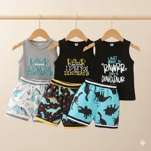 Toddler Dinosaur 2-Piece Suit - Baby Boy Clothes, Sleeveless Letter Print Vest, Cartoon Print Short Pants, Toddler Suit