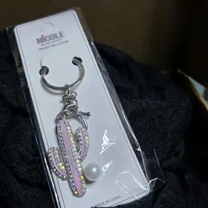 Pink/Silver Cactus Keychain with Pearl Accent and Rhinestones