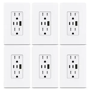 USB Outlet, 6.0A 3-Port 15 Amp Outlet with USB Ports, 30W Outlets Receptacles with 1 Type A & 2 Type C, Wall Plate Included, ETL Listed, 6 Pack, White