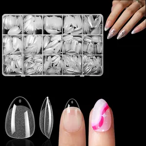 Medium Soft Gel Nail Tips Almond Shape，Upgraded Half-Matte Gel Nail Tip No Filed， Pre Etched Half Matte Full Cover Clear Acrylic Gel Kit False Press on for Extension Manicure Salon DIY at Home 420PCS 15 Sizes
