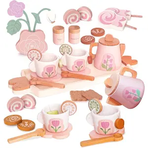 Wooden Tea Set for Little Girls, Pretend Play Tea Party Set Toy with 26 PCS Play Kitchen Accessories, Princess Tea Set Toy, Birthday Gift for Kids 3-5 Years Old, Improve Imagination
