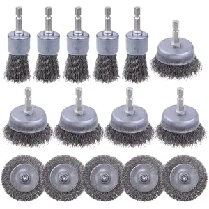 15PCS 3 sizes Carbon Steel Wire Wheel Brush Set - Rocaris Cup Brush, Wheel Brush, Pen Brush Set with 1/4-Inch Hex Shank for Rust Removal, Corrosion and Scrub Surfaces Polishing Tools