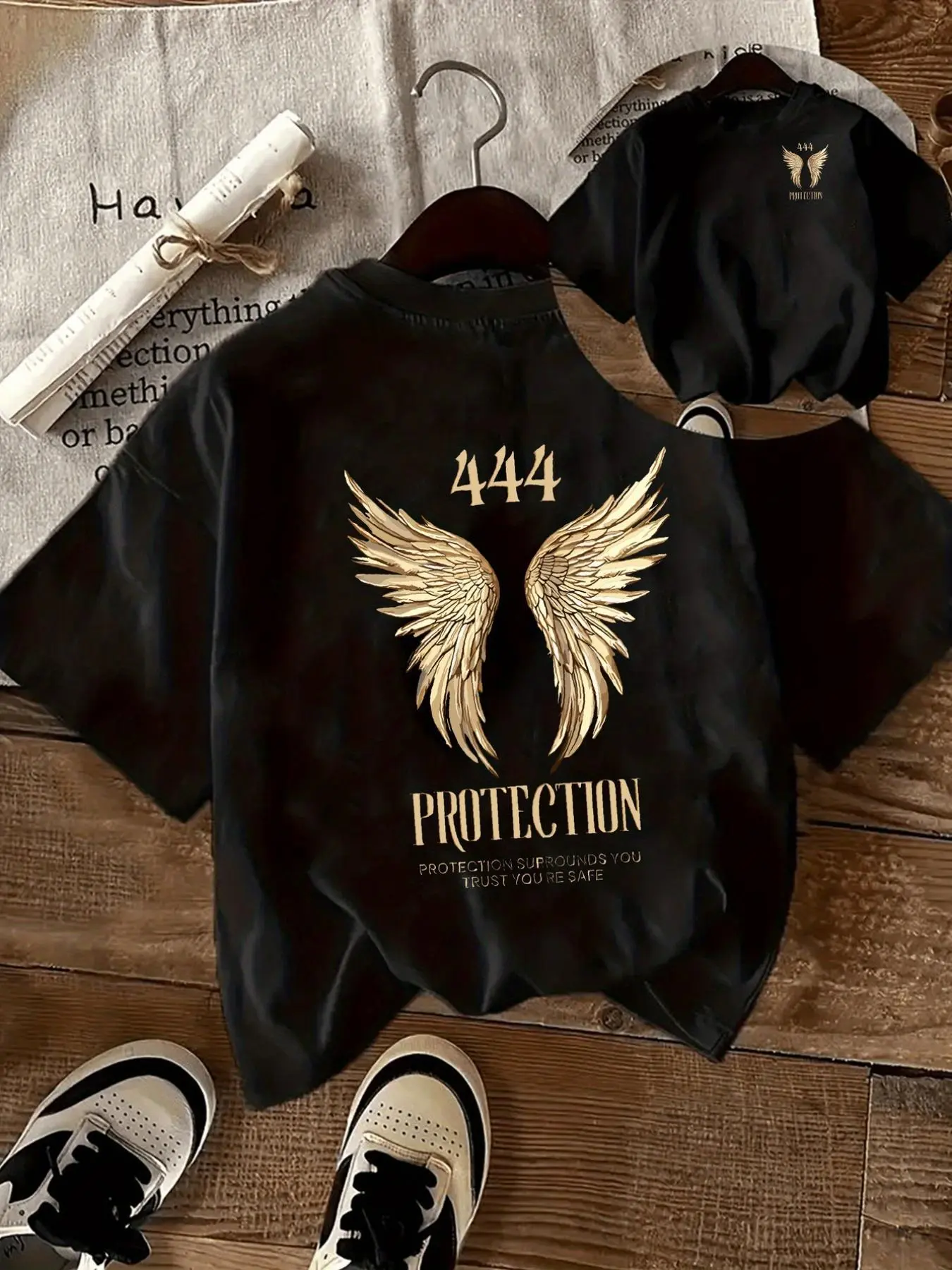 Unisex Angel Wings 444 Angel Number Graphic Tee Retro Streetwear Style Casual Round Neck Short Sleeve T-Shirt Soft Heavyweight Cotton Apparel Trendy Summer Outdoor Sports Top Athletic Fitness Gym Clothing Spiritual Aesthetic Novelty Gift