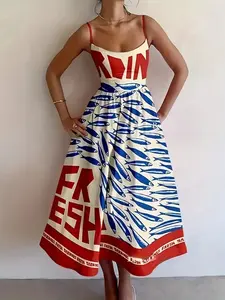 Sardine Print Spaghetti Strap Midi Dress