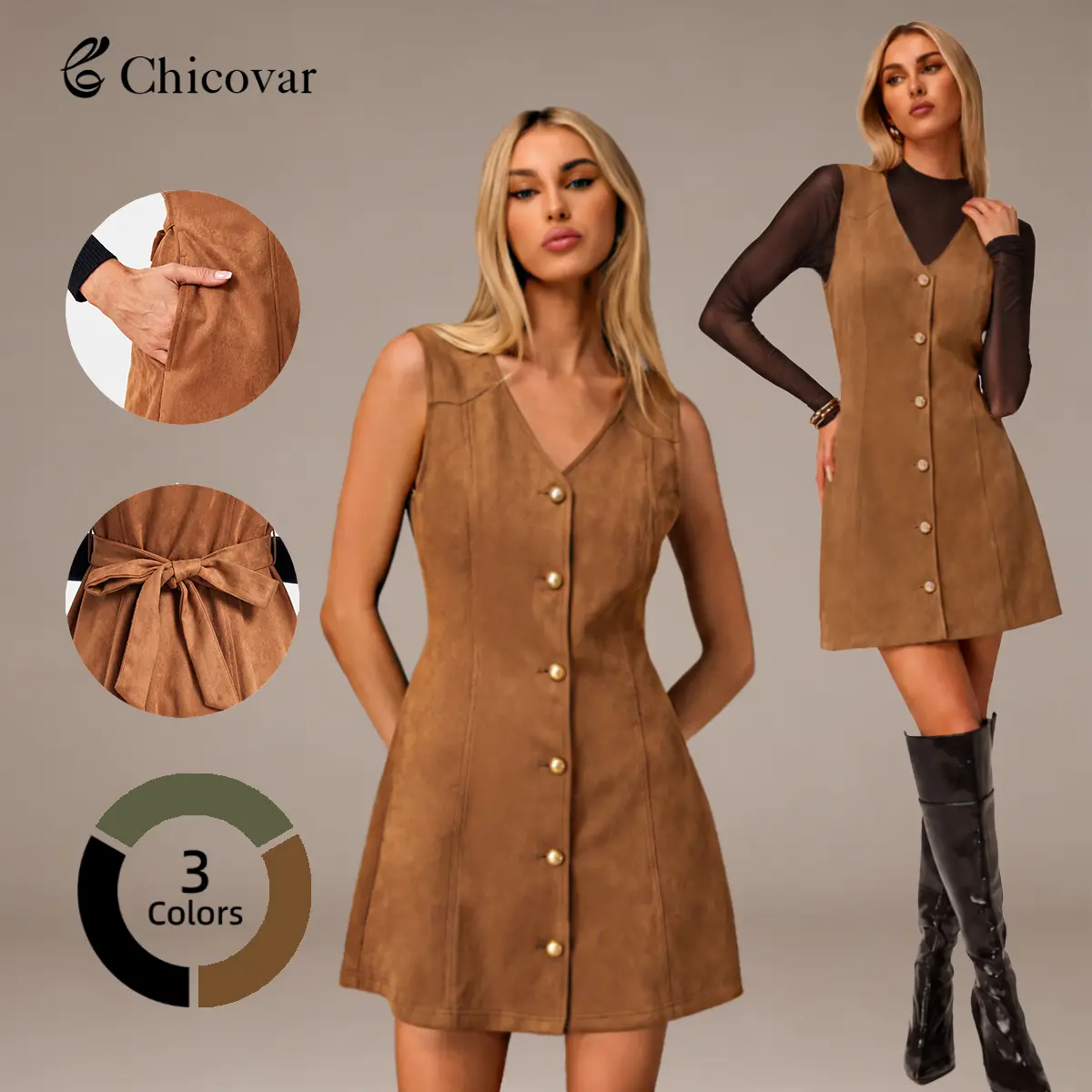 Chicovar Women's Faux Suede Button Down Vest Dress with Pockets & Adjustable Back Tie Sleeveless V-Neck A-Line Mini Pinafore Dresses for Versatile Autumn Layering Outfit Sohochic
