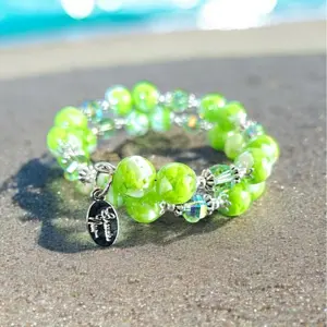 Lime Green Handmade Beaded Resin Crystal Bracelet Statement Wrap Memory Wire Silver-Tone