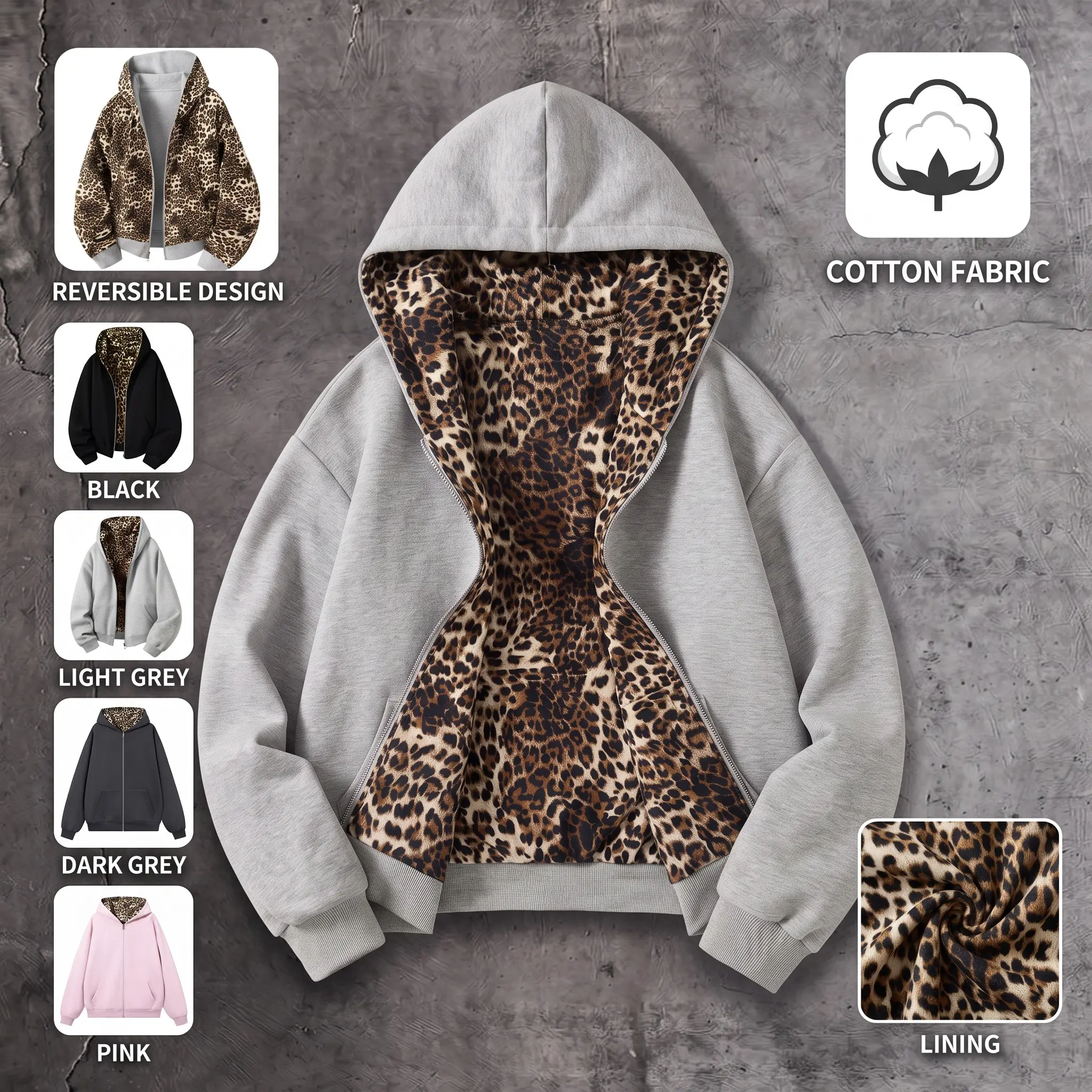 Men’s trendy hooded sweatshirt/zip-up jacket for spring and autumn, made from cotton fabric with a leopard print lining; stylish outdoor casual design, reversible. Fashion Love