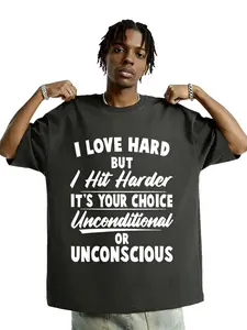 Vuasad Men's Vintage Letter Print Short Sleeve T-Shirt, Loose Fit Drop Shoulder Cotton Top, Street Style Casual Wear, Trendy Half Sleeve Shirt