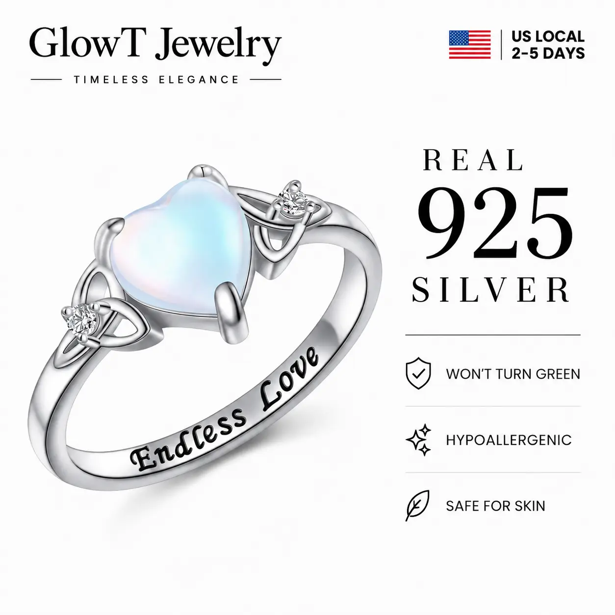 925 Sterling Silver Heart Moonstone Triquetra Ring | "Endless Love" Engraved Promise Ring for Women Heart Shaped CZ Accent Engagement Band