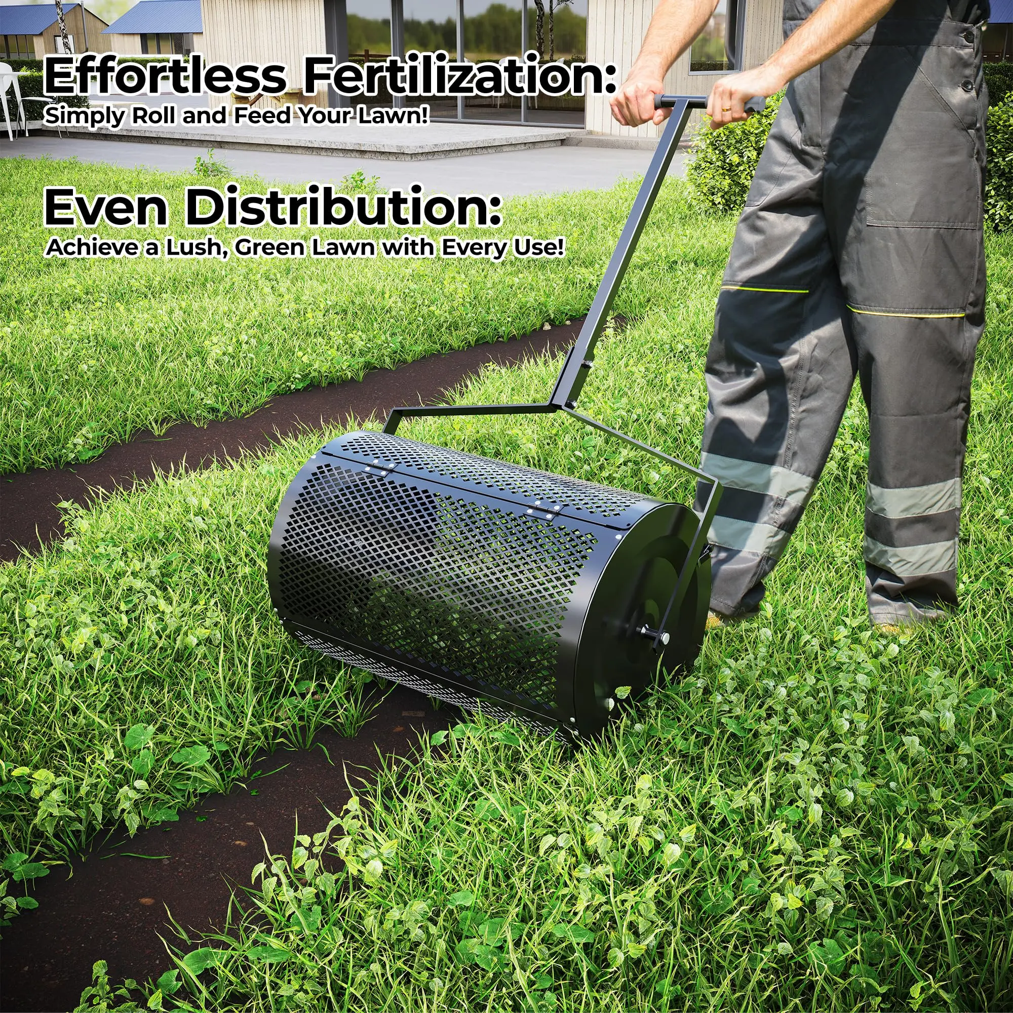 Heavy Duty Compost Spreader 24-Inch, Adjustable Handle with Metal Roller for Even Spreading of Peat Moss, Manure, Topsoil, Mulch & Grass Seed, Rust-Proof Lawn & Garden Fertilizer Applicator
