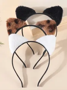 3pcs Autumn Winter Cute Leopard Print Plush Cat Ear Headbands, Sweet Versatile Hair Bands for Outdoor and Face Washing Use