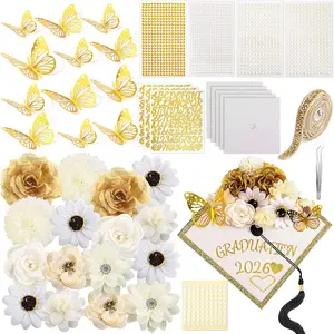 43 PCS DIY Graduation Cap Decorations Kit, Grad Cap Decorations Included Faux Flowers 3D Butterfly Self Adhesive Rhinestones Stickers Alphabet Letter Stickers for 2026 Grad Party(White)