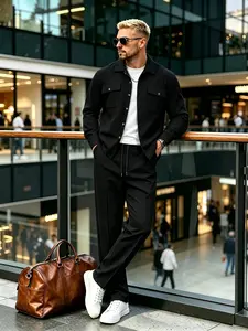 Men’s waffle texture 3D digital print two-piece set: long-sleeve work jacket with drawstring and wide-leg pants. Casual, versatile athleisure for everyday wear.
