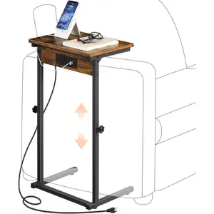 C-Shaped End Table with Charging Station, Adjustable Height Sofa Tray Arm Table, Slide Under Couch Table, Small C Side Table for Small Space in Living Room, Bedroom, Rustic Brown