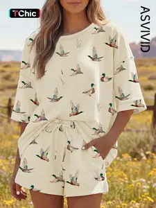 Women's Casual Mallard Duck Print Oversized Short Sleeve Tee and Drawstring Pocket Shorts Set, 2-Piece Set, All Seasons Wear