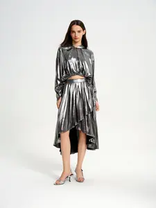 BlisSecret Silver High-Low Drawstring Hoodie & Asymmetrical Pleated Skirt