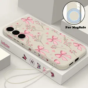 Pink Bowknot Print Magnetic Case For Samsung Galaxy S24 FE S25 S24 S23 S22 Ultra Plus For Magsafe Wireless Charge Lanyard Cover